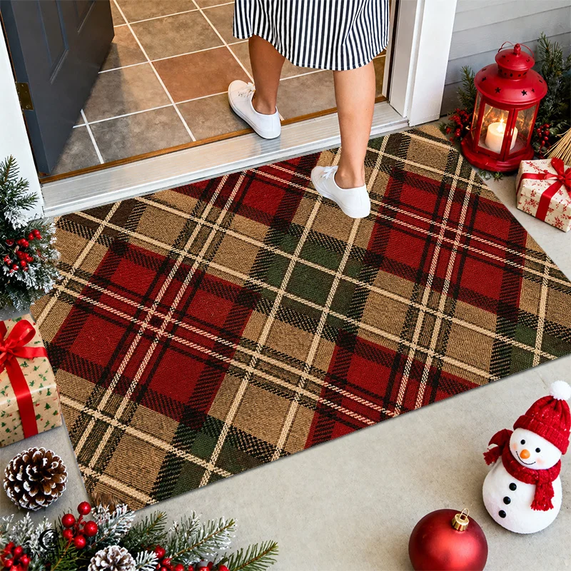 Red Brown Green Plaid Printed Door Mat, Classic Tartan Pattern, Holiday Entryway Floor Mat