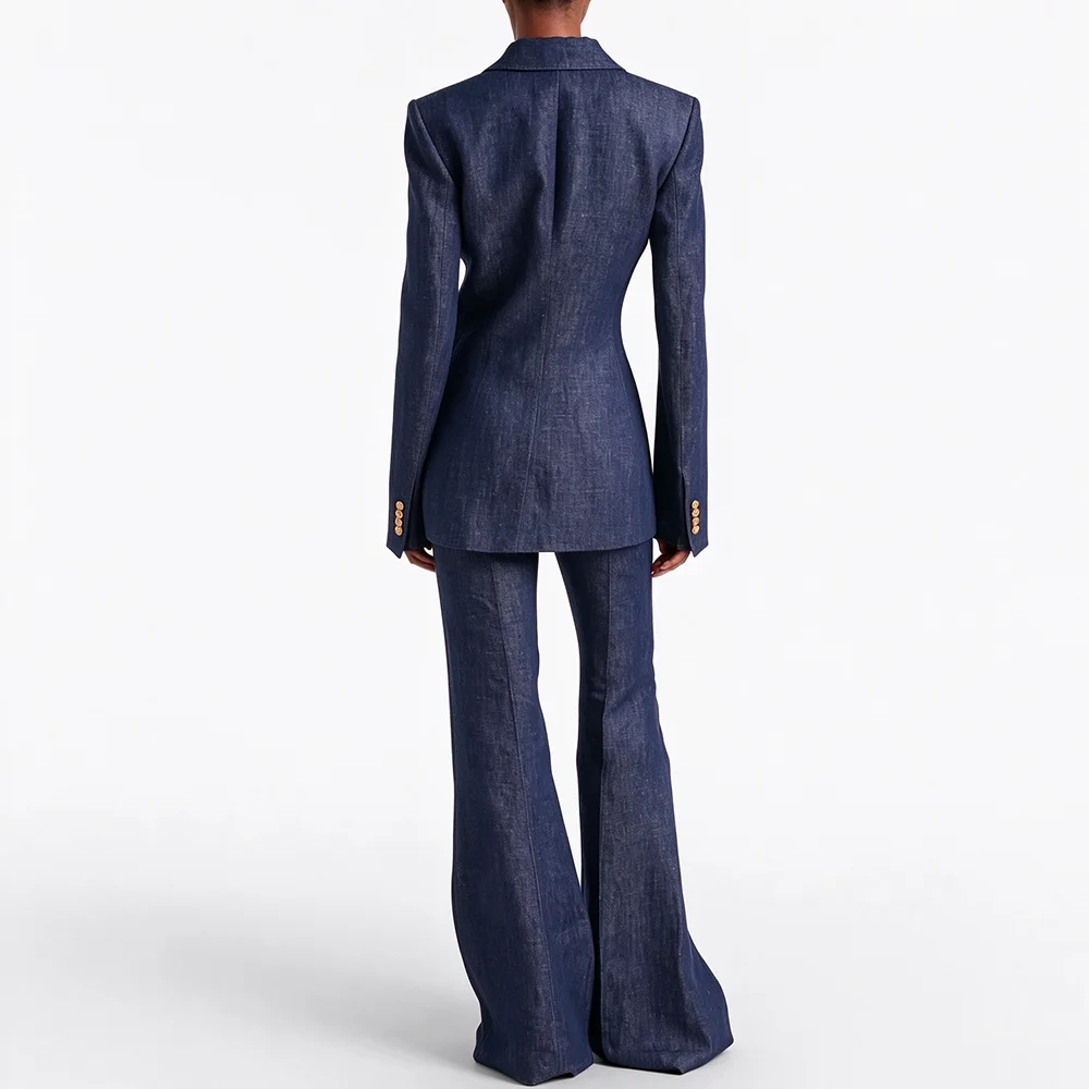 Navy Blue Denim Women Suit Smart Casual Notch Lapel One Button 2 Piece Blazer Pants High Quality Office Lady Modern Chic Outfit