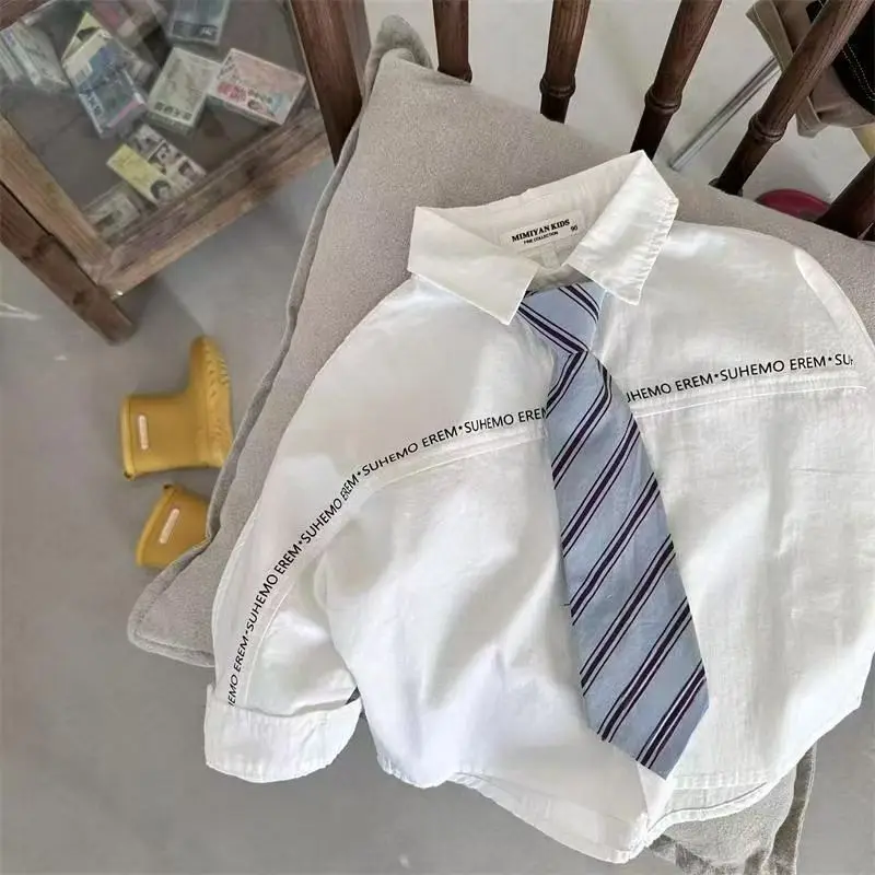 

Children's Shirt 2026 New Spring Unisex Letter Tie Long Sleeved Baby College Style Simple White Shirt