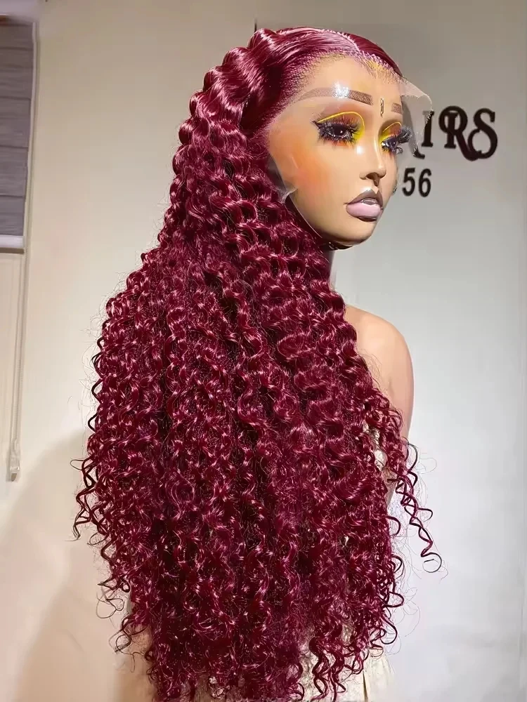 99J Burgundy 30 36 Inch Deep Wave 13x6 HD Lace Front Human Hair Wigs Vietnamese Wine Red Loose Curly 13x4 Lace Frontal Wig Pre Plucked image 3