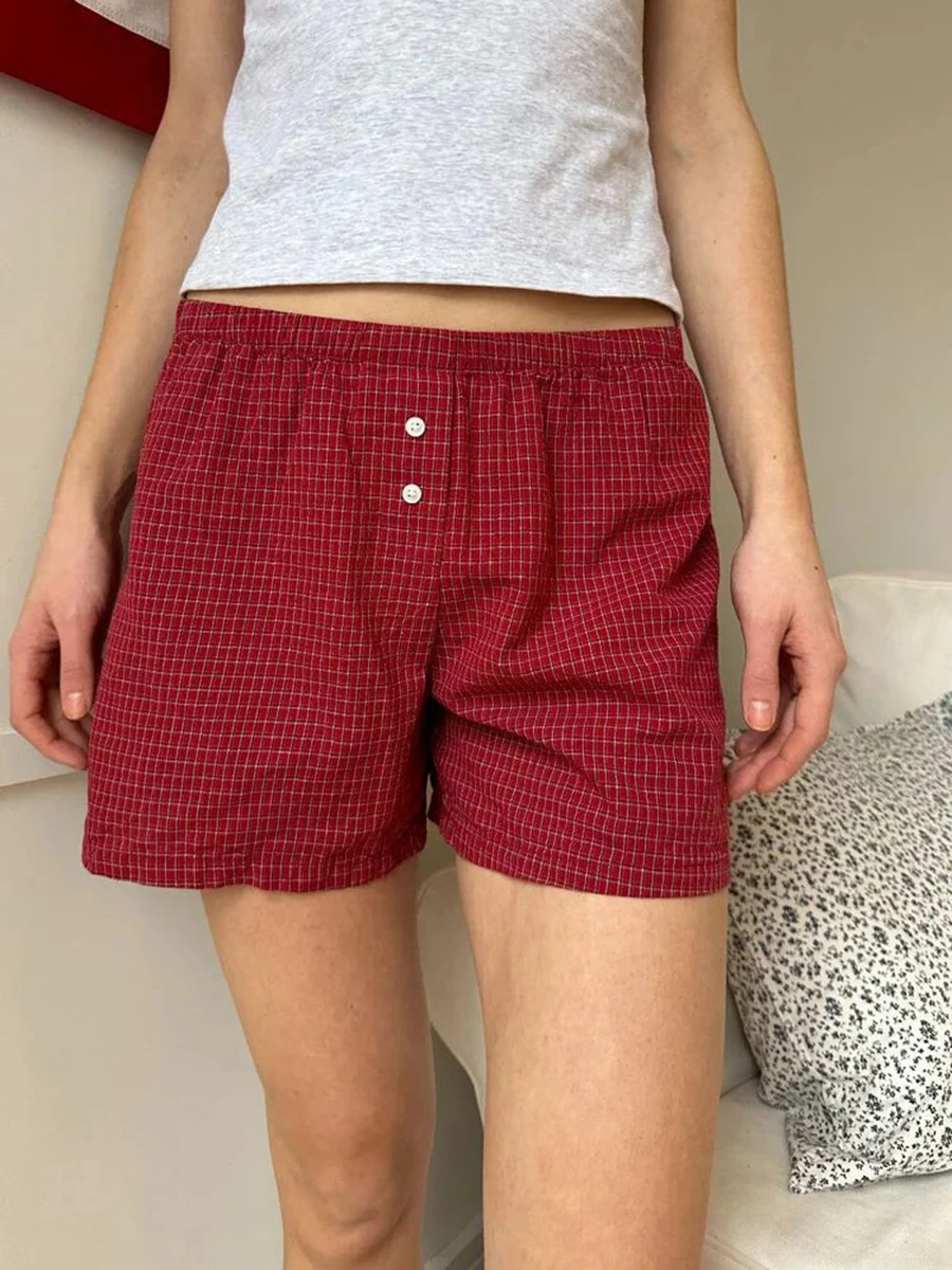 

Vintage Plaid Long Boxer Shorts Women Buttons Elastic Waist Cotton Straight Sweatshorts Summer Streetwear Casual Short Pant Y2k