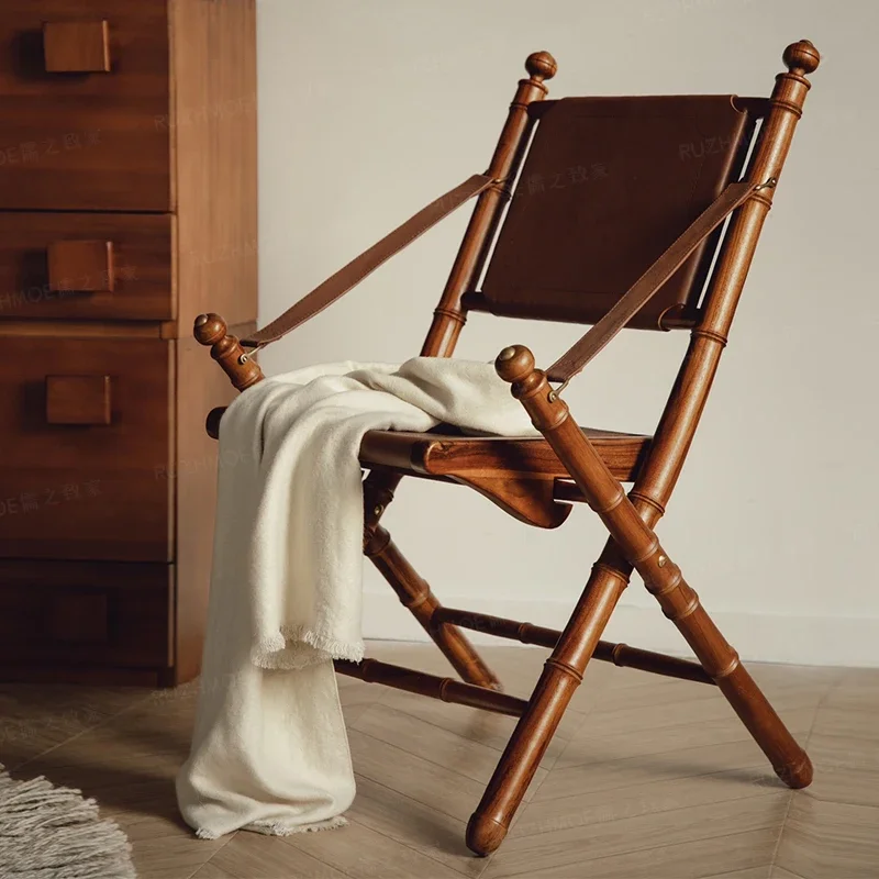 Folding leather balcony leisure chair solid wood desk chair