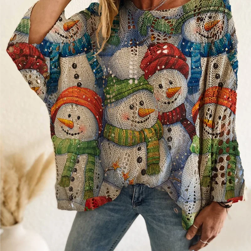 Women's Fashion Knit Sweater Autumn Winter Off-Shoulder Diamond Cutout Batwing Contrast Color Snowman Christmas Print Loose