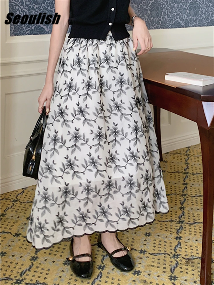 

Seoulish Summer Vintage Floral Printed Embroidery Women's Long Skirts 2022 New High Waist Fashionable Umbrella Skirts Female