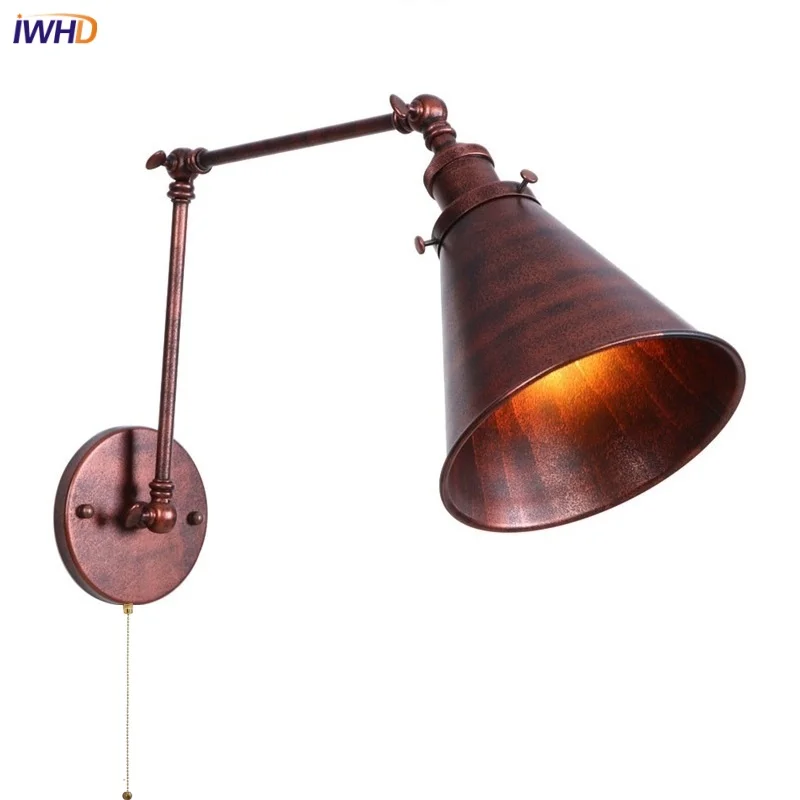 

IWHD Pull Chain Switch Retro LED Wall Lamps Bar Reading Kitchen Balcony Industrial Iron Rustic Loft Swing Arm Bedside Wall Lamp