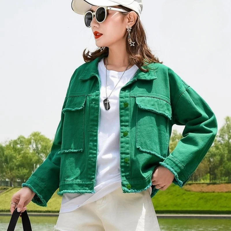 Blue Outerwears Crop Short Green Female Jeans Coat Small Plain Women's Denim Jackets 2024 Fashion Demi-season Models Streetwear