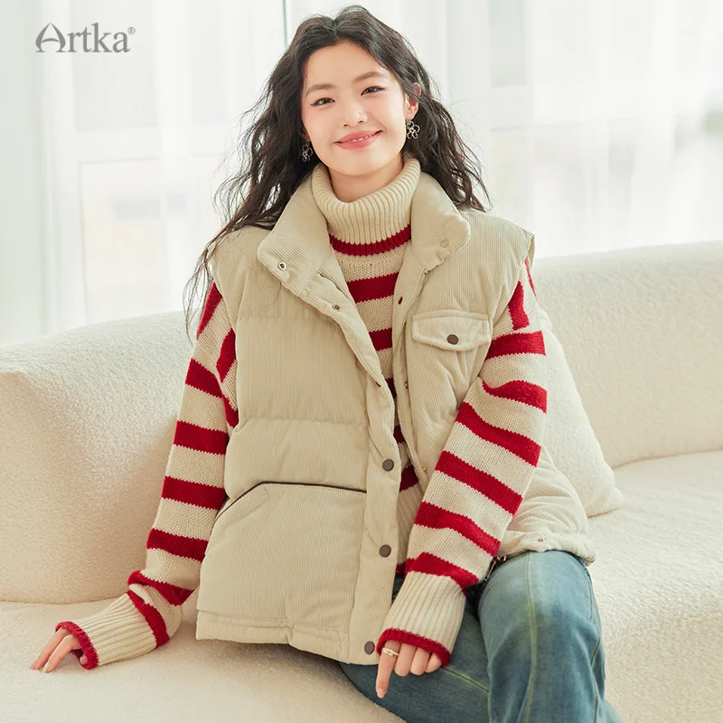 ARTKA 2023 Winter New Women Down Jacket Fashion Casual 90% White Duck Down Corduroy Vest Outerwear Loose Warm Down Vest CK92231D