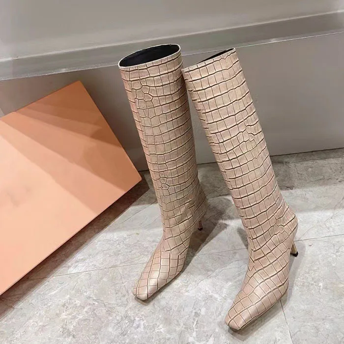 

New Square Head Crocodile Pattern One Step Slim High Heel High Barrel Boots European and American Fashion Large Size Boots Women