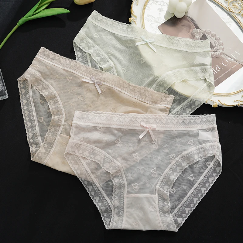 Maternity Large Size Underwear Solid Color Love Mesh Transparent Underpants New Style Ladies Lace Breathable Skin-Friendly Brief