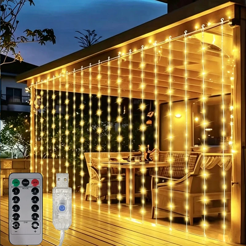 LED Curtain String Lights USB Plug 8 Modes Festival Lights Christmas Halloween Party Valentine's Day Garden Wedding Decoration