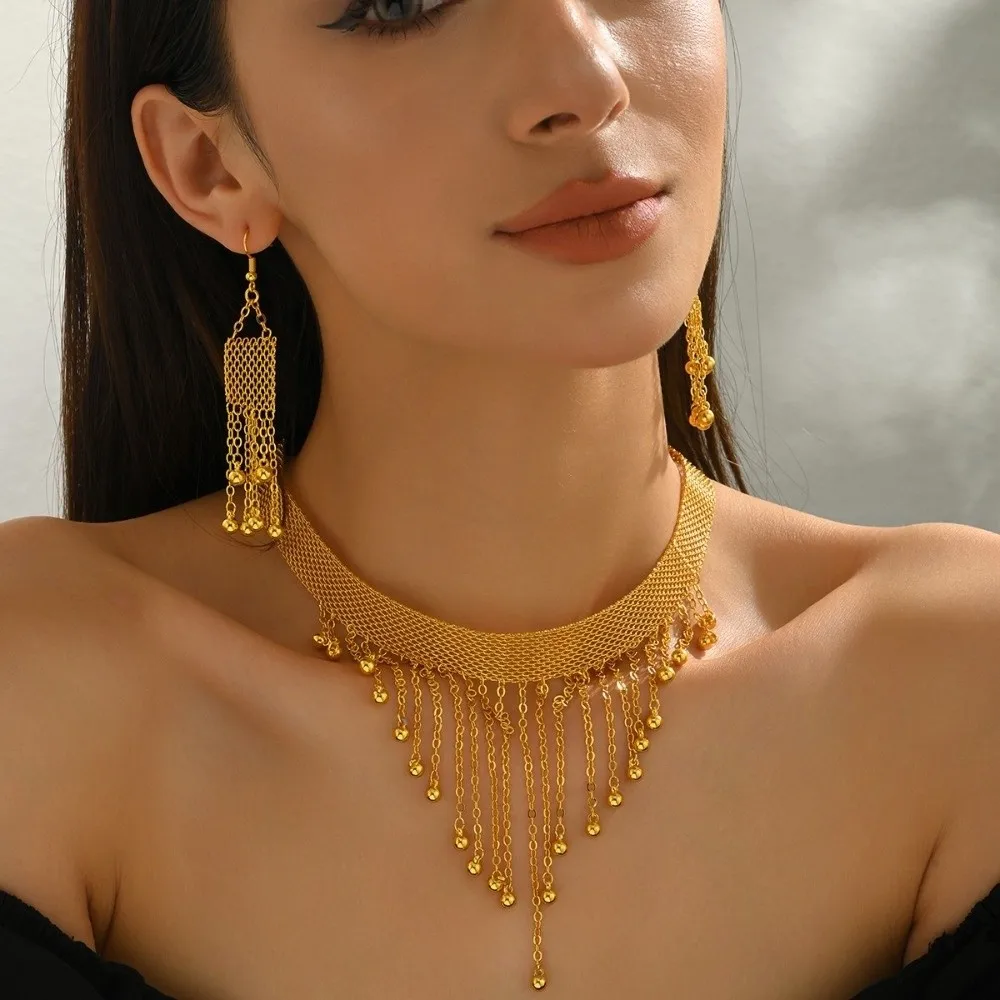 Fringe Pendant Necklace Earrings Set Long Tassel Beaded Fringe Bridal Jewelry Set Mesh Chain Boho Gold Plated Alloy Set Party