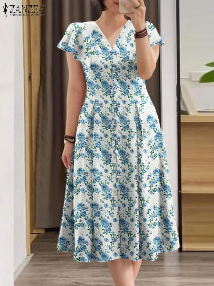 ZANZEA Elegant Women Floral Printed Midi Dress Summer Bohemian Sundress Casual V Neck Short Sleeve Holiday Party Vestido Kaftan