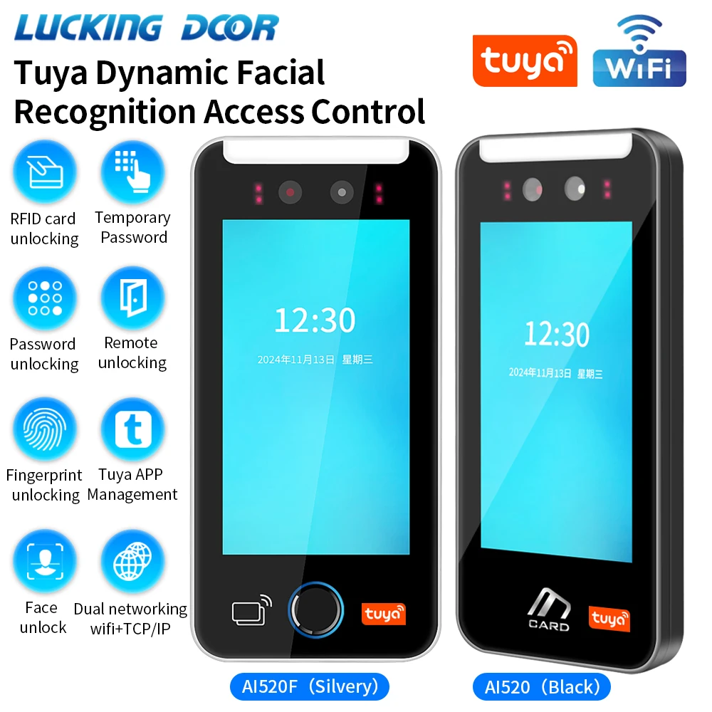 Lucking Door 5Inch Tuya WIFI AI Dynamic Biometric Fingerprint Face Recognition Attendance Access Control Machine 1080P HD Screen