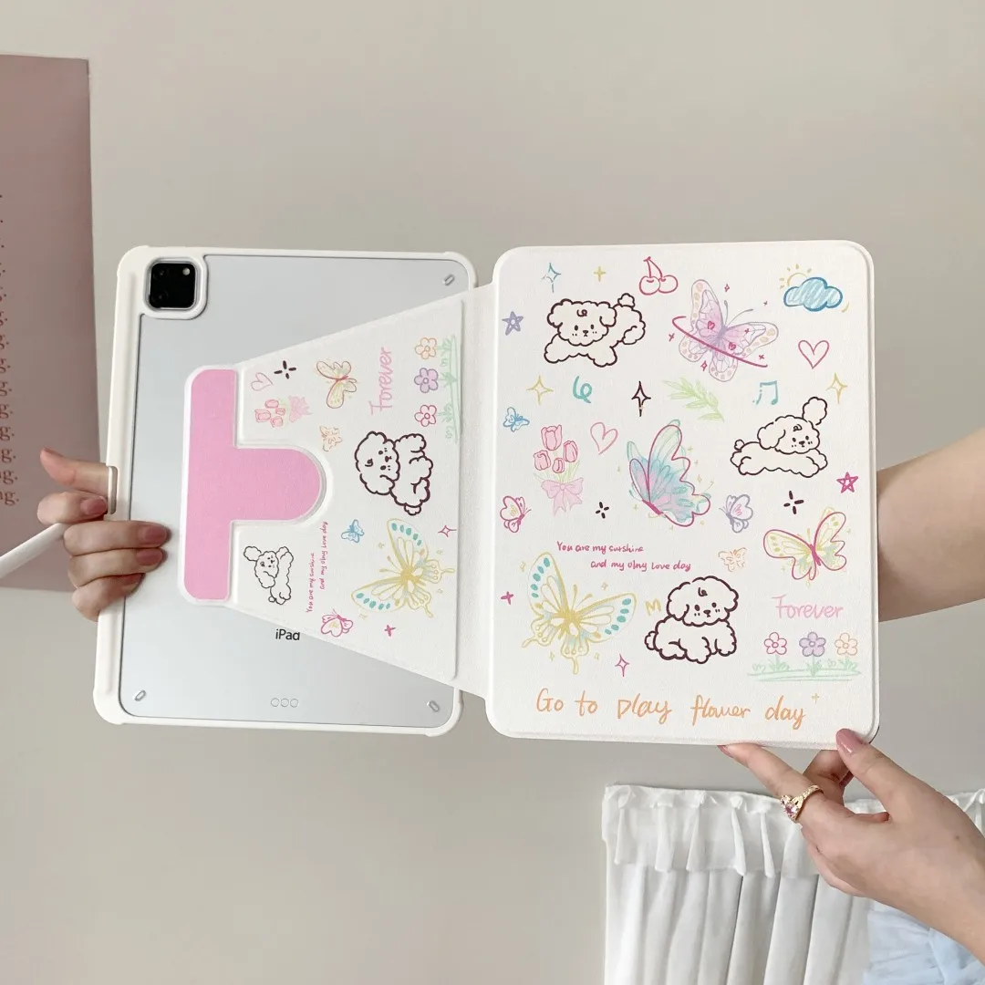 360 Degree Rotation Case For iPad 10th 2022 Gen 7 8 9 10.2 Air 5 4 10.9 Mini 6 with Pencil Holder Cartoon Butterfly Puppy Cover