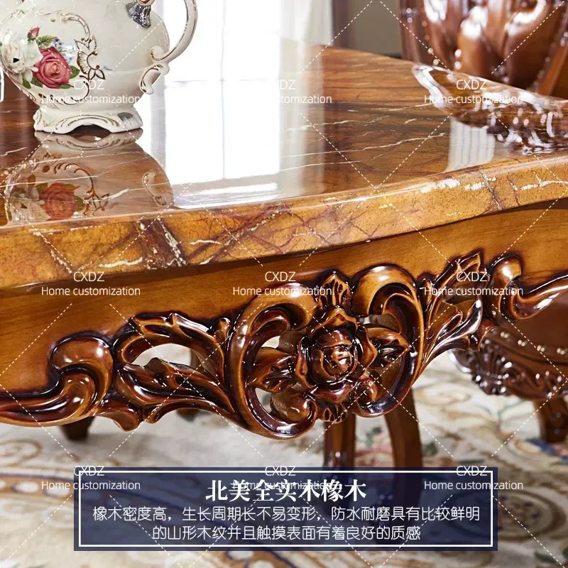 European Style Rectangular Dining Table Solid Wood Frame with Marble Top Carved Design Square Kitchen Table for Home