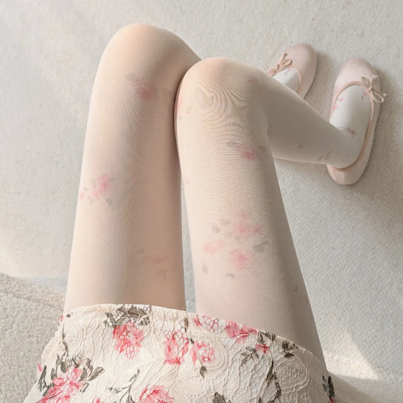 Spring/Summer Gradient Floral Print Velvet Tights, Semi-Transparent Milky White Pure Desire Style Women's Stockings