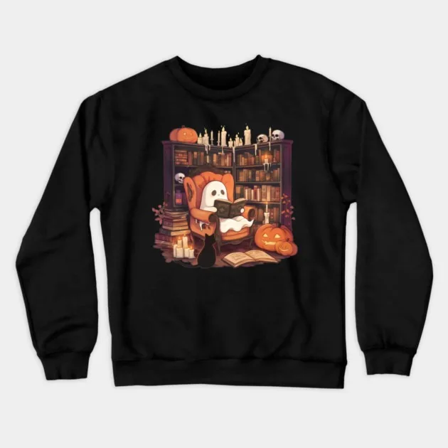 

Autumn and Winter Halloween - Reading Themed Cotton Crew Neck Sweatshirt Adorable Design Features A Ghost Cozily Reading A Book