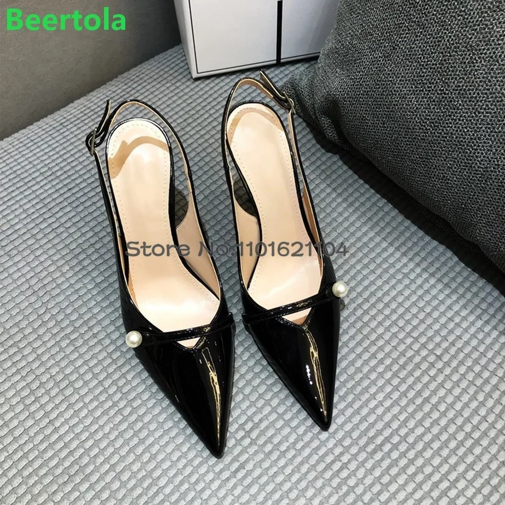 براءات الاختراع والجلود أشار تو مضخات فاخرة للإناث النساء 2025 جديد اللؤلؤ Slingback رقيقة عالية الكعب مشبك حزام أحذية أنيقة