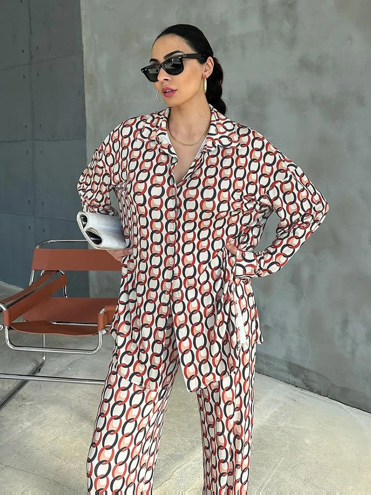 HiLoc Causal Printing Two Pieces Pajamas Suits Long Sleeves Blouses And Wide Leg Pants Homewear Outfits Autumn 2024 Female Sets