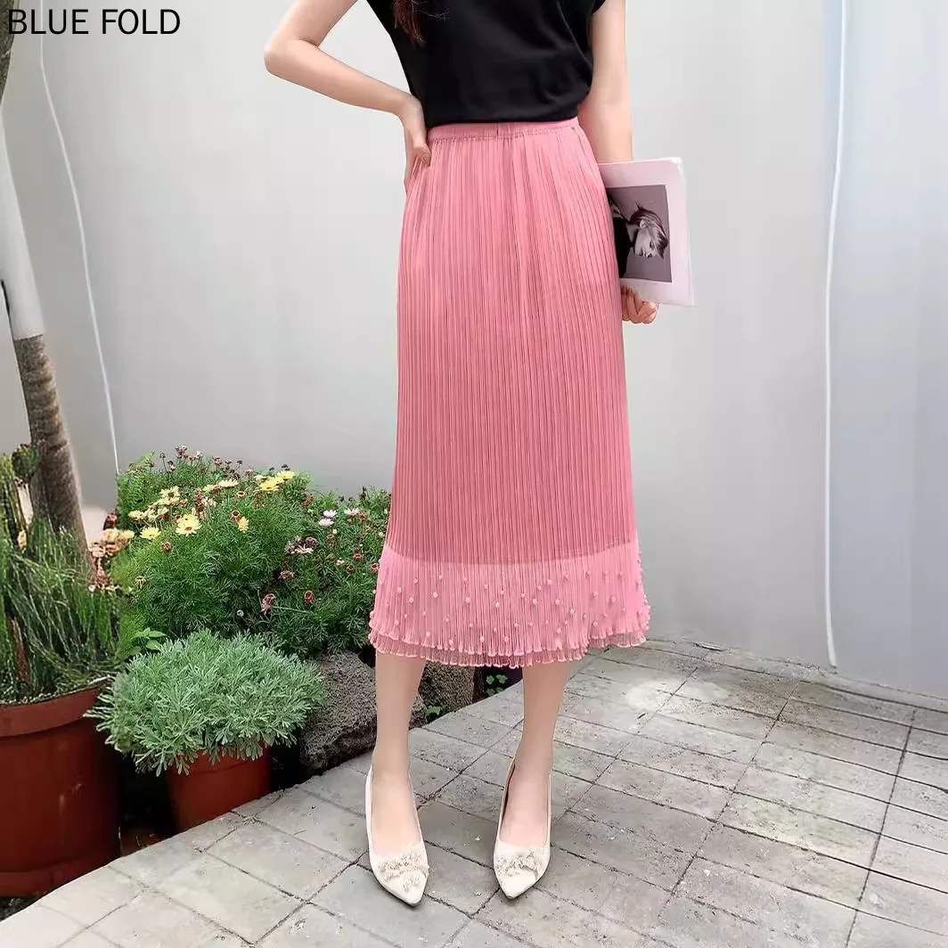 MIYAKE PLEATS Fashionable Temperament Beaded Pleated Skirt Drape High-end Versatile New Style Elastic Waist Women Faldas Ropa De