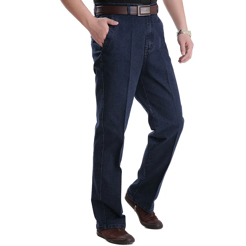 Mid Aged and Elderly Men's Thickened Jeans, Autumn and Winter Elastic High Waisted Deep Crotch, Straight and Loose Fitting