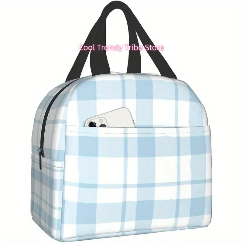 Insulated Lunch Bag Thermal Cooler Tote - Blue & White Plaid Lunch Box, Leakproof Oxford Fabric Lunch Bag with Front Pocket for