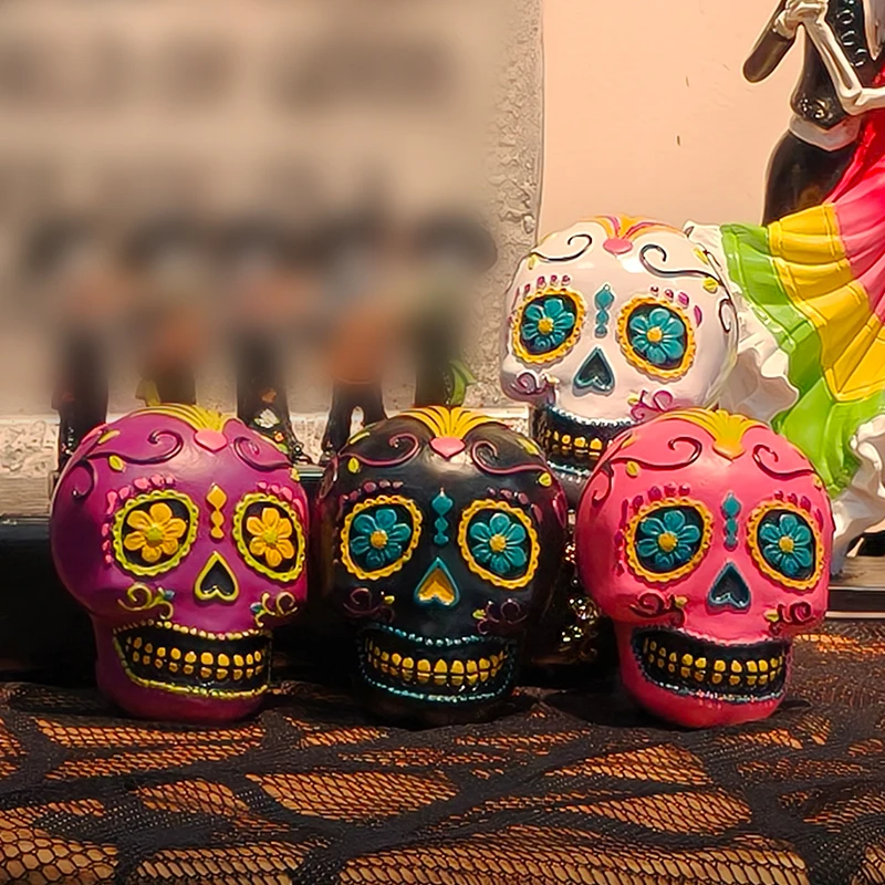 Day of the Dead Resin Painted Skull Head Statue Creative Decorative Ornament for Festive Commemorative Statue