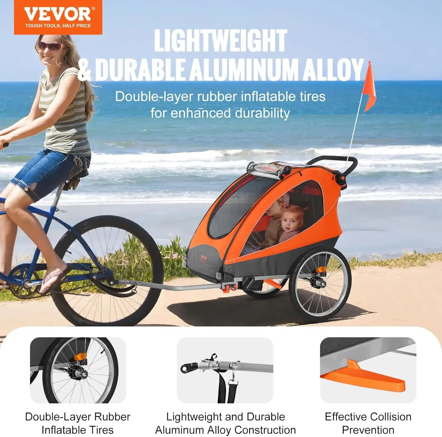 Bike Trailer for Toddlers, Kids, Double Seat, 100 lbs Load, 2-in-1 Canopy Carrier Converts to Stroller, Tow Behind Foldable