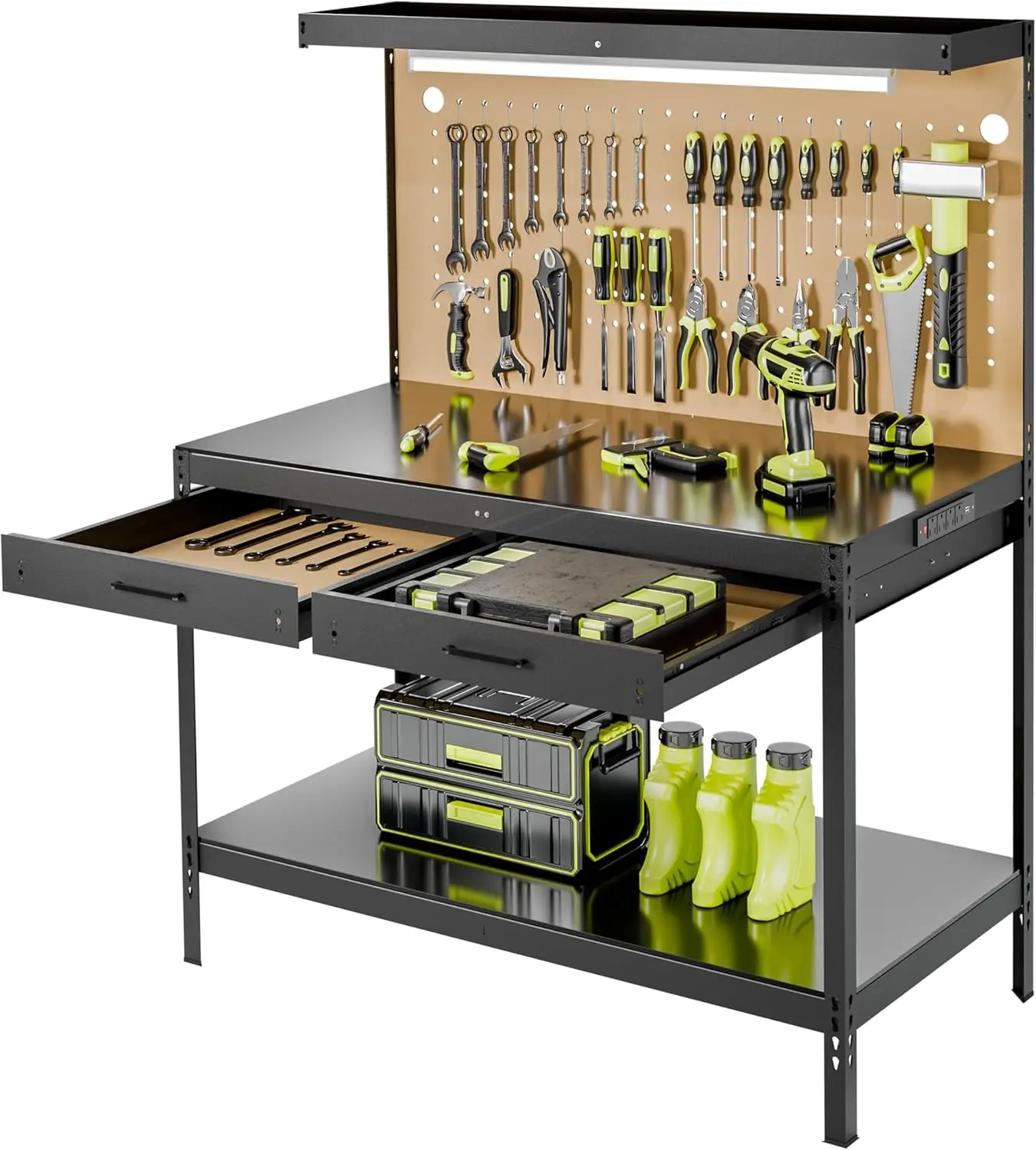 Work Bench, A3 Steel Workbench with Drawers, Pegboard, 600LBS Capacity Garage Workbench with Led Lights, Heavy Duty Work Benches