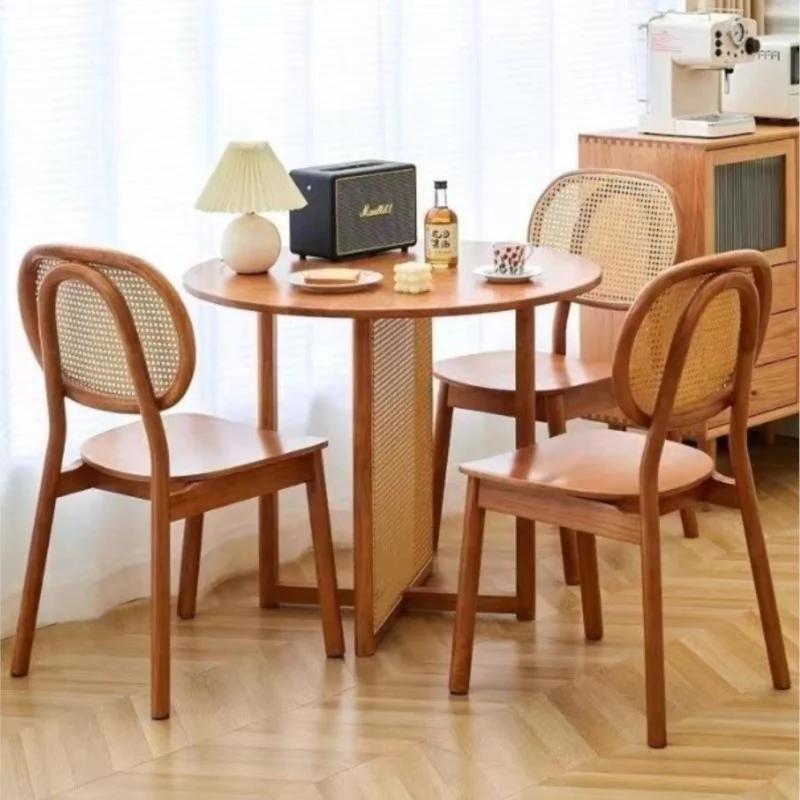 IHOME Rattan Solid Wood Dining Chairs For Homestays Vintage Rattan Backrest Chairs For Home Use Japanese Style Minimalist Chairs