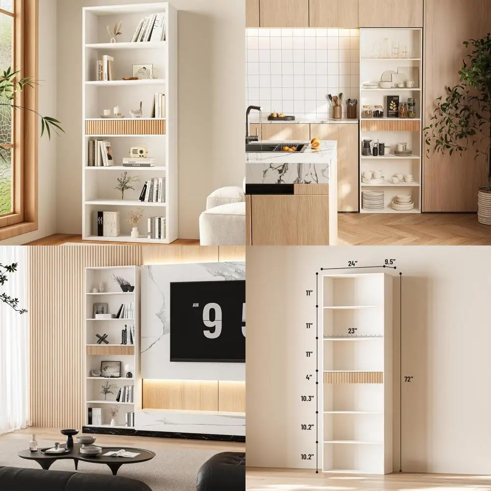 

7-Tier Tall Bookcase with Storage and Drawer, Fluted Design Book Shelf Organizer, Anti-tip Feature for Safety, Display Book Orga