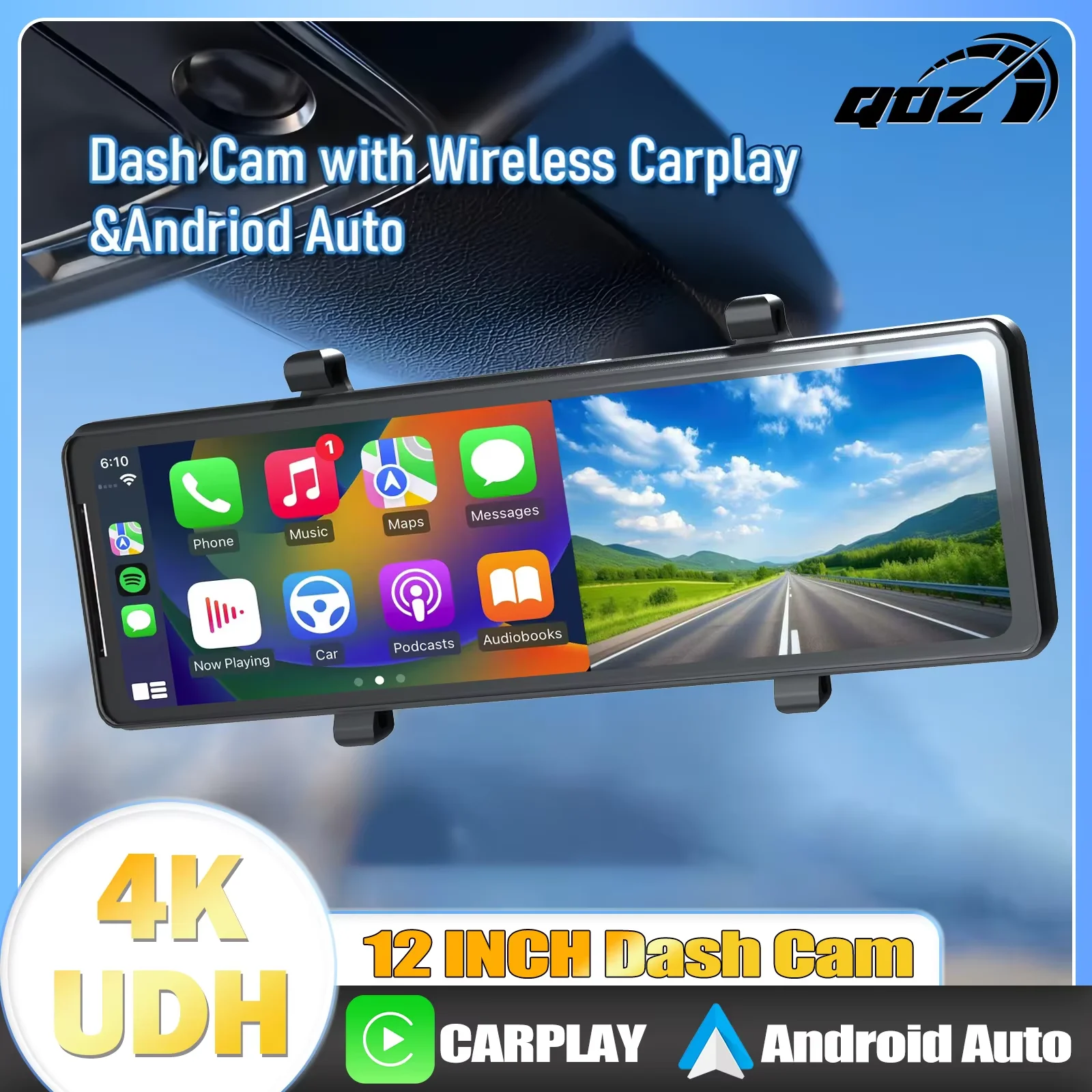 

QOZ 12 Inch Dash Cam 4K Car Mirror Video Recording Carplay & Android Auto Wireless Connection 5G WiFi GPS IPS Navigation FM AUX