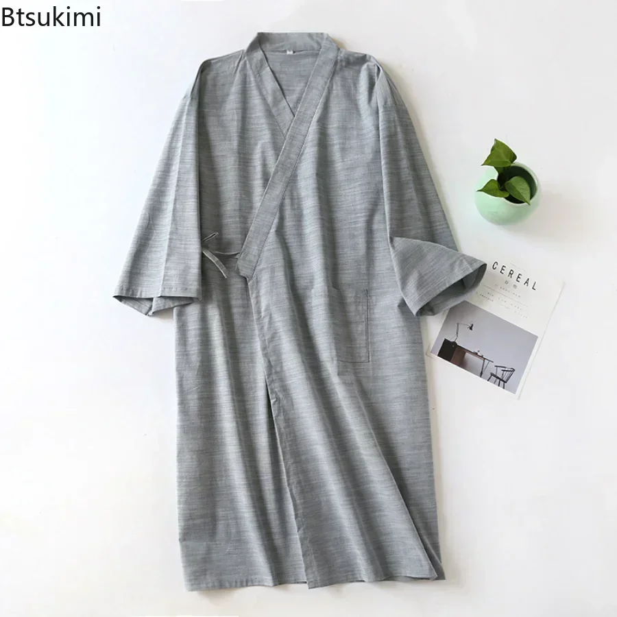 New 2024 Men\'s Casual Cotton Line Pajamas Solid Soft Sleepwear Male Bath Robe Japanese Kimono Cotton Nightgown Home Clothes Men