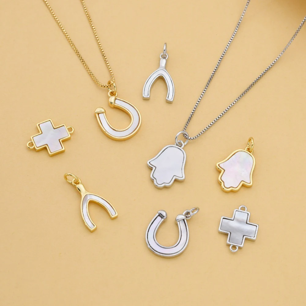 

4 шт. медное золото с натуральной ракушкой, кулон, ожерелье, браслет, серьги, детали для изготовления креста, ладони, U-образная форма, ювелирные аксессуары