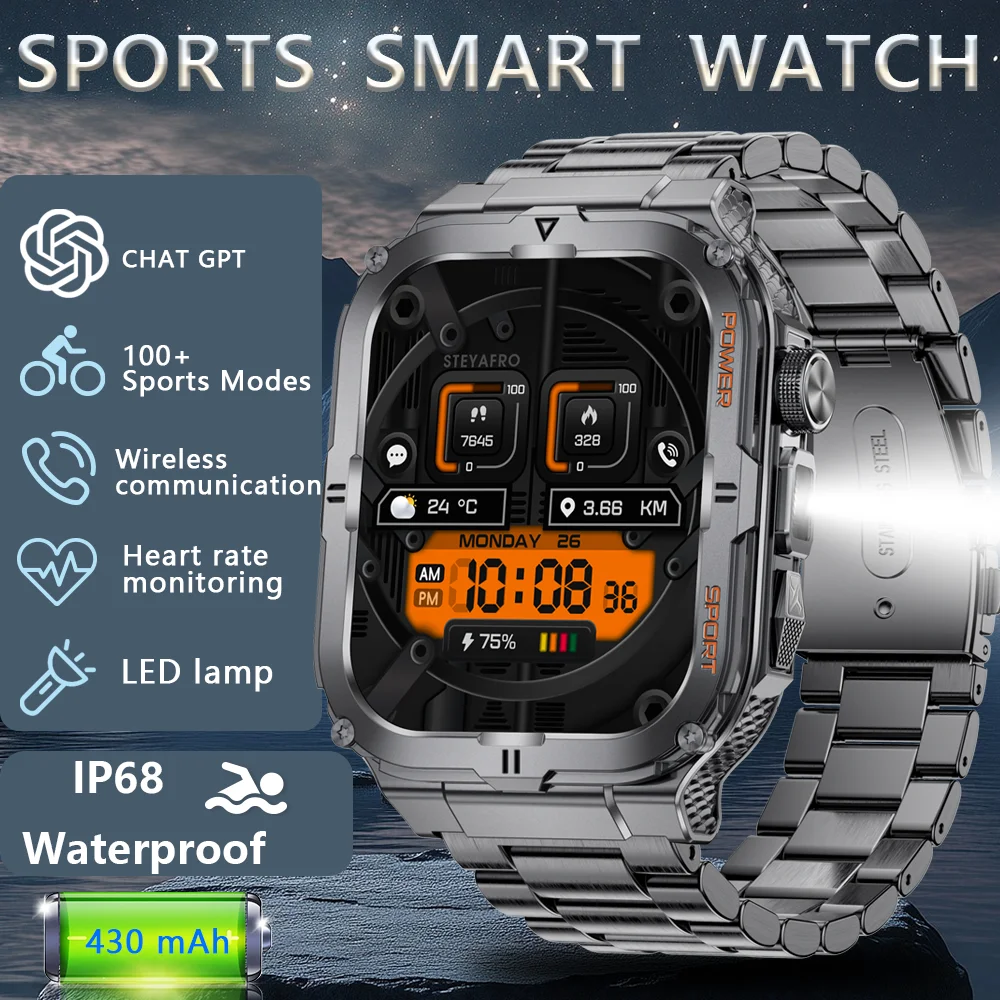 

DAORKOW NEW 3ATM Новые 1,96 "HD Смарт-часы Светодиодный фонарик 420 мАч Большая батарея Мужские часы Монитор здоровья Мужские умные часы