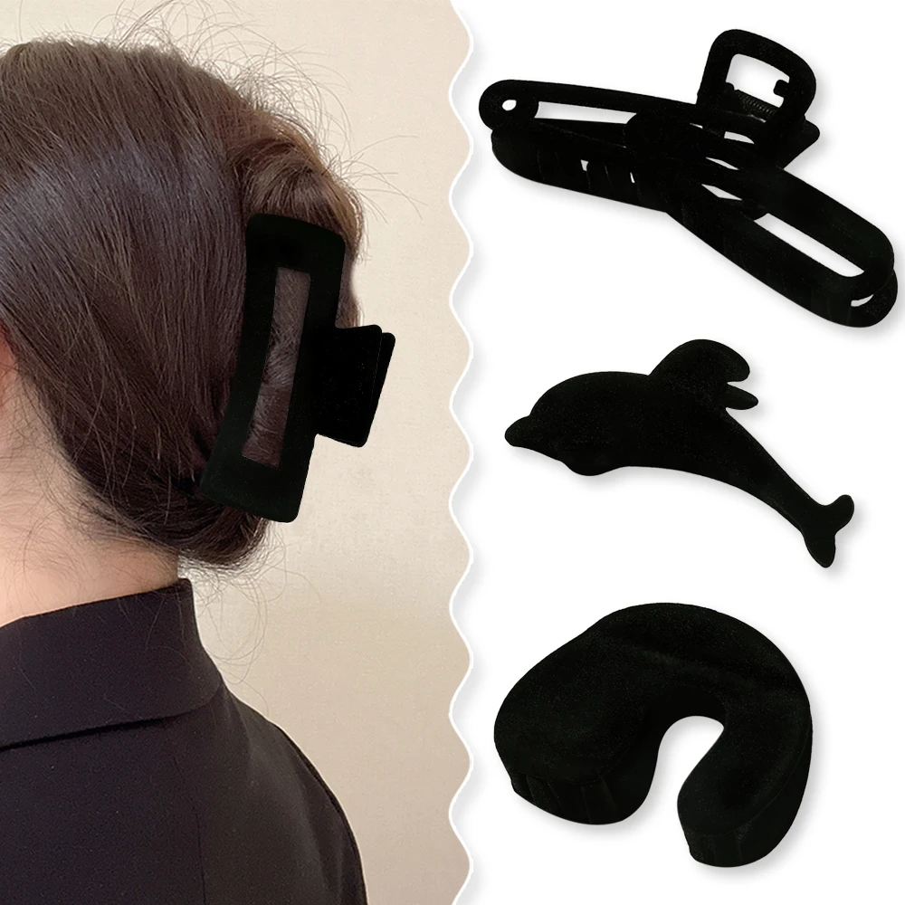 

Fashion Geometic Elegant Black Flocking Shark Clip Girl Hairpin Ponytail Hair Claw Clip Woman Hair Clip Styling Hair Accessories