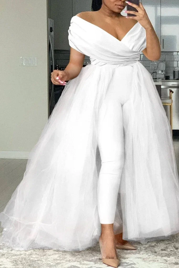 Plus Size Formal Casual One Piece Outfit Pink Solid Off The Shoulder V Neck Tulle Jumpsuit ELegant (With Tulle Skirts)