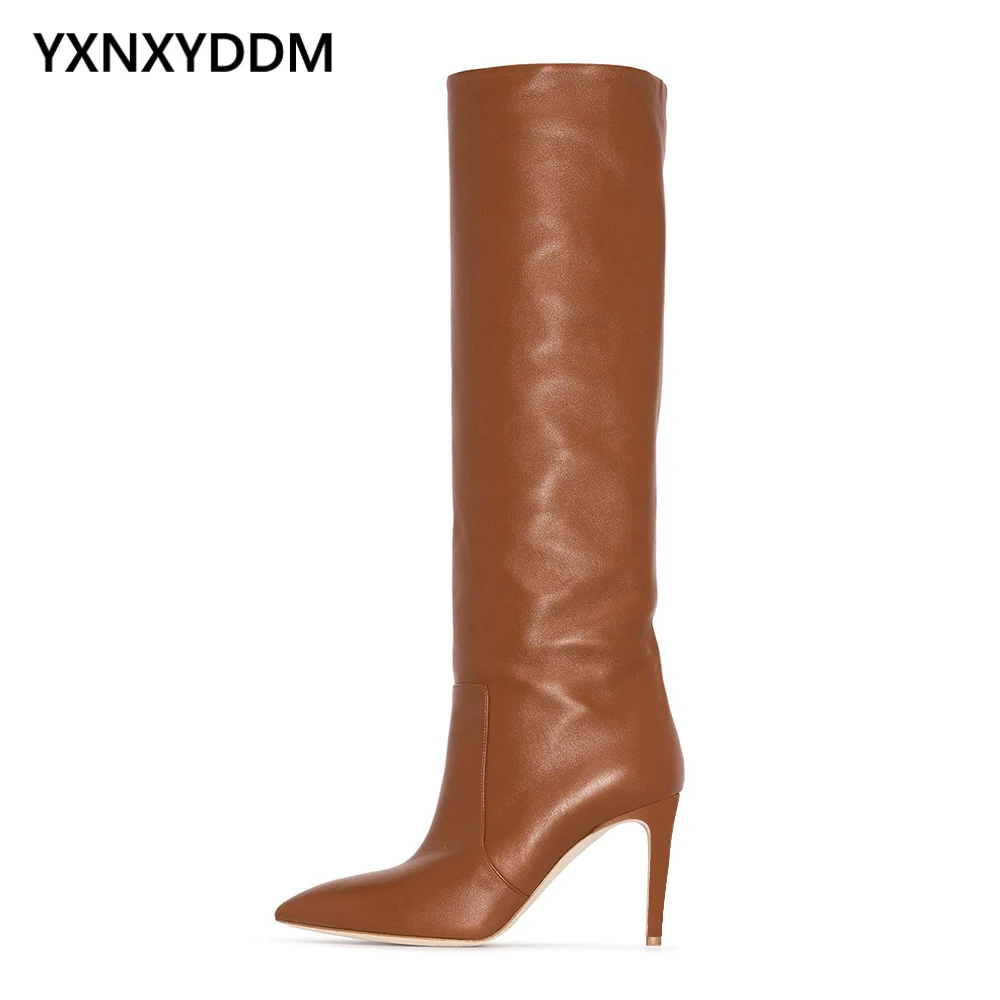 

2023 Women's Pointed Toe Brown PU Leather Knee High Boots Winter Long Boot Ladies Stilettos High Heel Boot 8.5-9.5cm Slip-on