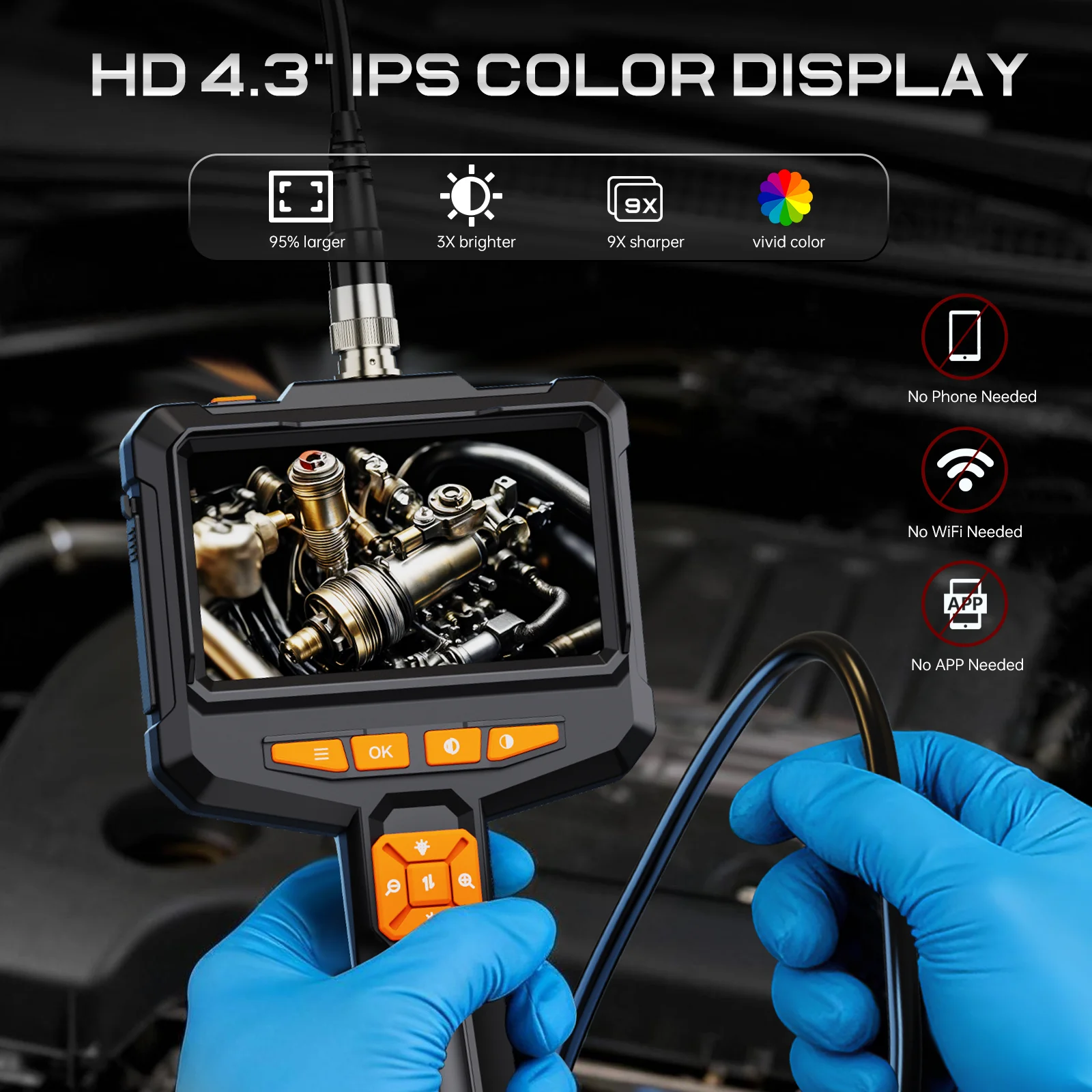 4.3inch Handheld Endoscope 1920P Borescope Camera with Light 16.4ft Semi-Rigid Snake Cable for Automotive,Sewer, HVAC,Wall IP67