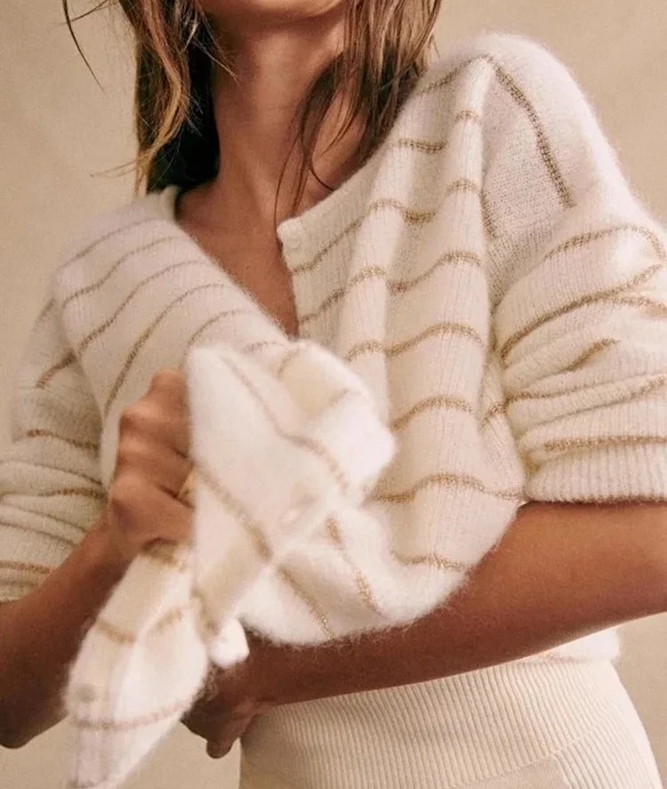 

Ladies Long Sleeve Mohair Wool Blend Striped Sweater Round Neck Retro Single Breasted Knit Cardigan Top