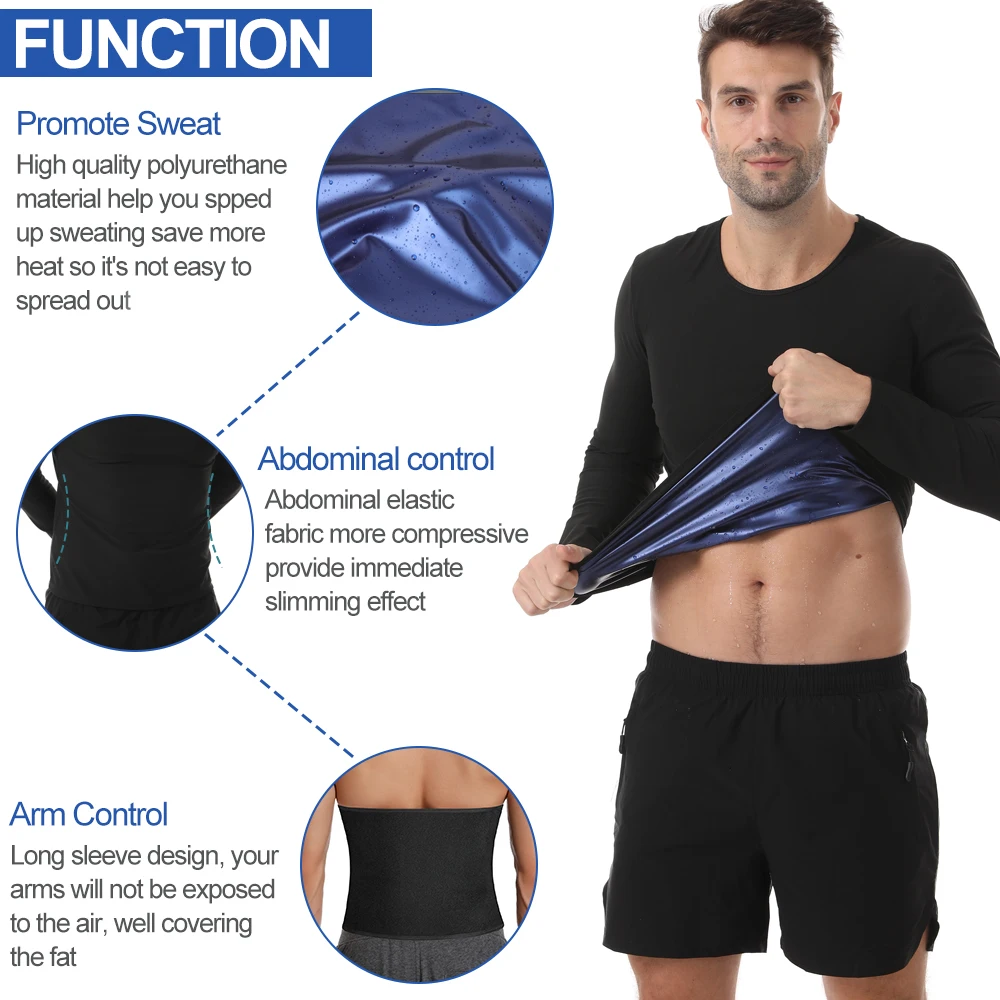 Long Sleeve Men's Sauna Top Gym Exercise Fat Burning T-shirt Round Neck Design 5 Times Sweat Black S-3XL Stretch Sports Clothes