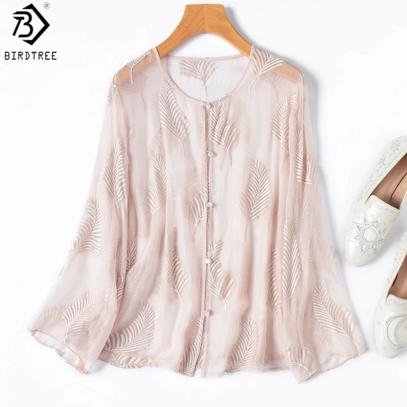 

Birdtree, 100% Silk Sheer Coat, Women Embroidery O-neck Pink Tops, Cool Georgette Sun Protection Shirt, 2026 Summer New T65540JF
