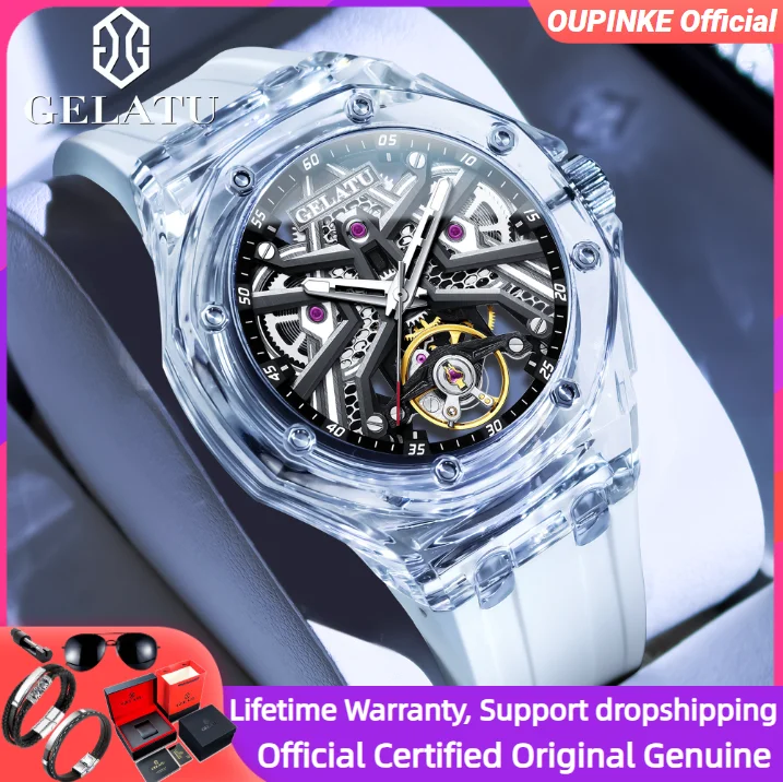 

GELATU 8002 Original Fashion Mechanical Watch for Men Skeleton Digital Dial Sapphire Mirror Silicone Strap Men Watches