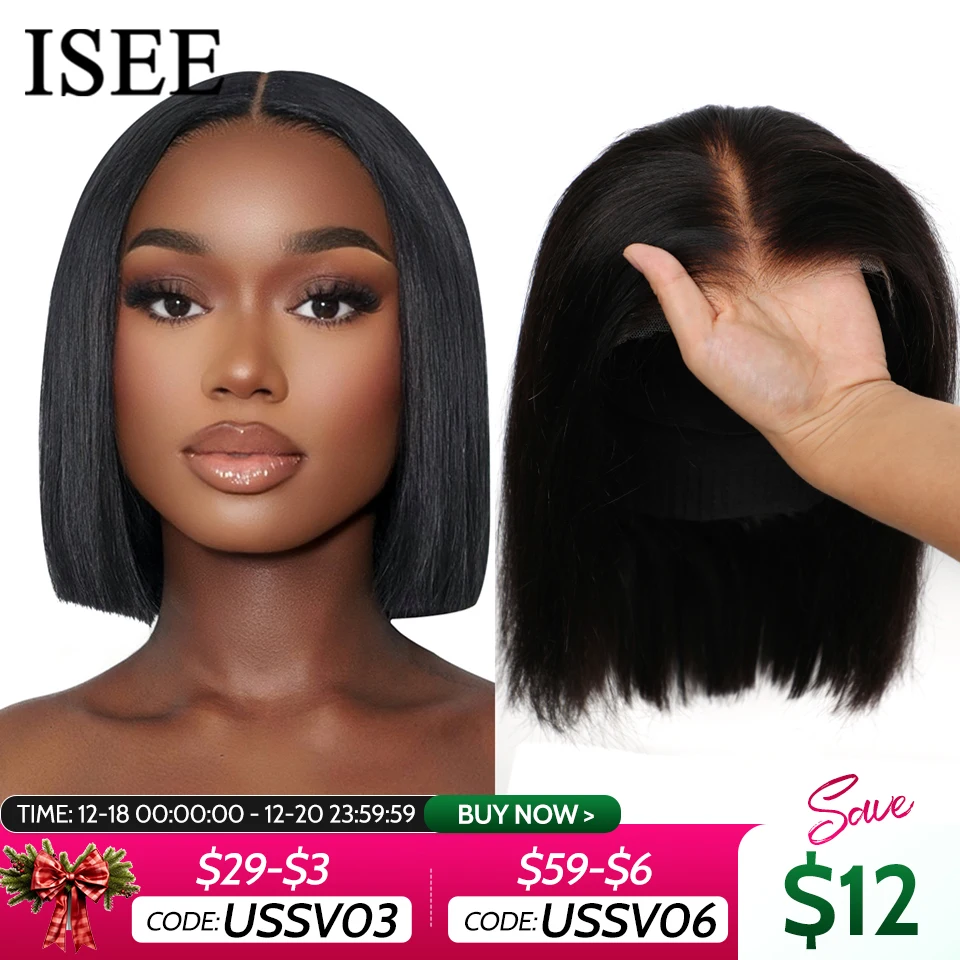 ISEE Hair 4x4 Wear Go Glueless Wigs Preplucked Straight Short Bob Prebleached Ready To Wear Wigs For Women PreCut Lace Wear Go