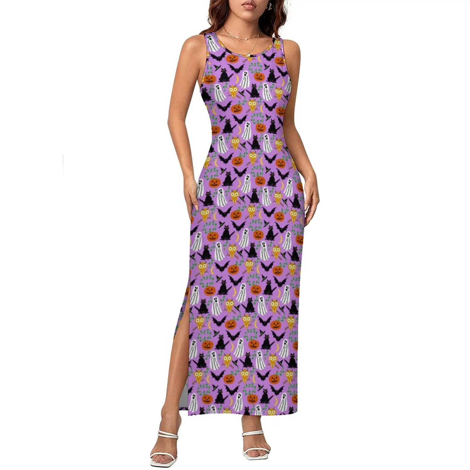 

Black Cat Dress Sleeveless Halloween Ghosts Bats Street Fashion Maxi Dresses Vintage Bodycon Dress Womens Oversize Vestido