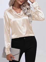 Shirts & Blouses Elegant Turn-Down Collar One Button Satin Long Sleeve Shirt For Women Office Blouse Chemises Et Blouses