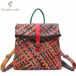 SC Women's Luxury Colorful Genuine Leather Handmade Woven Backpack Large Capacity Folded Zipper Closure Casual Retro Knapsack