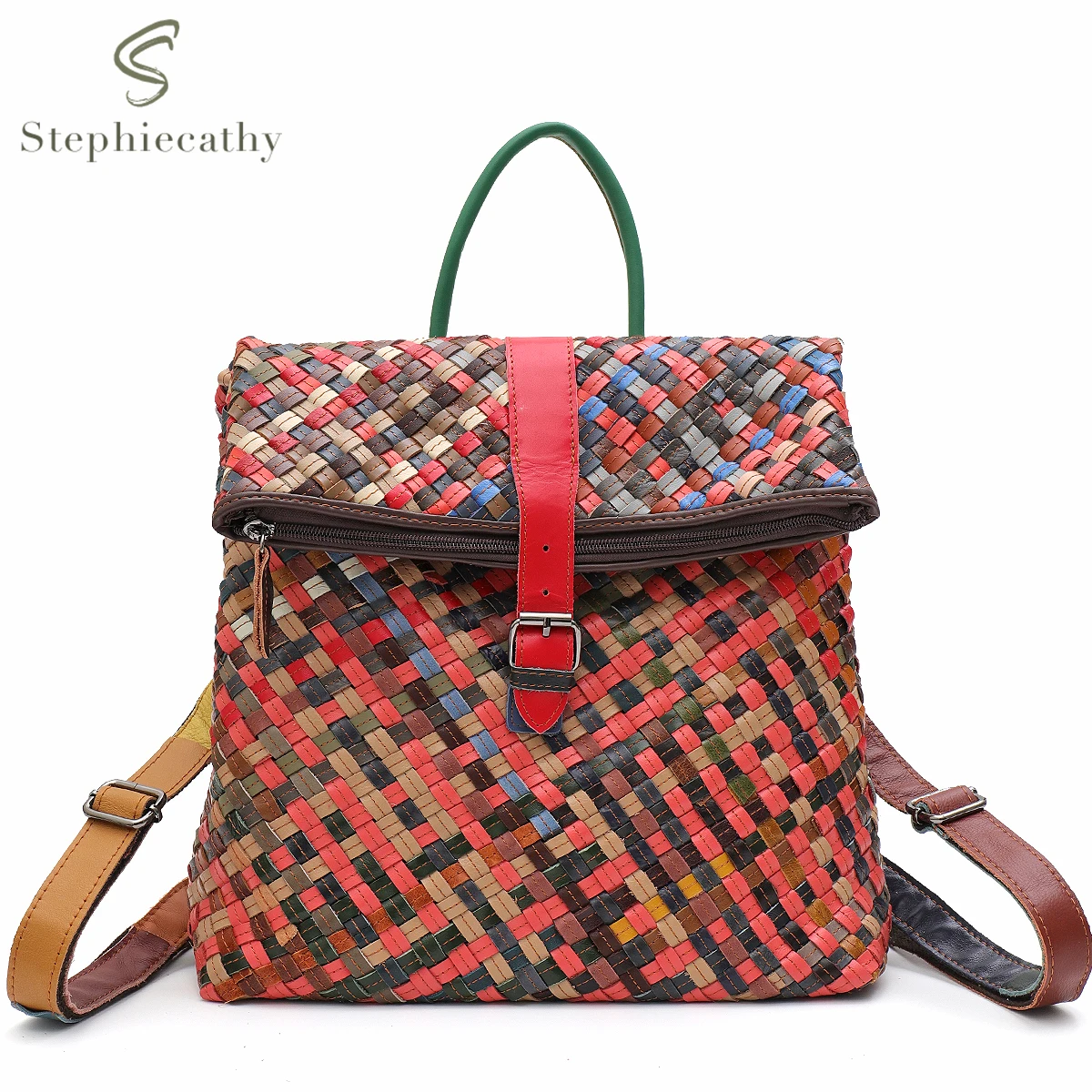 SC Women's Luxury Colorful Genuine Leather Handmade Woven Backpack Large Capacity Folded Zipper Closure Casual Retro Knapsack