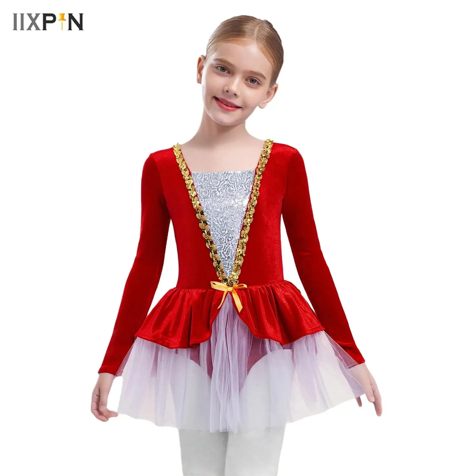 

Kids Girls Christmas Figure Skating Ballet Dance Dress Long Sleeves Shiny Sequins Patchwork Velvet Tutu Dress Xmas Party Dress