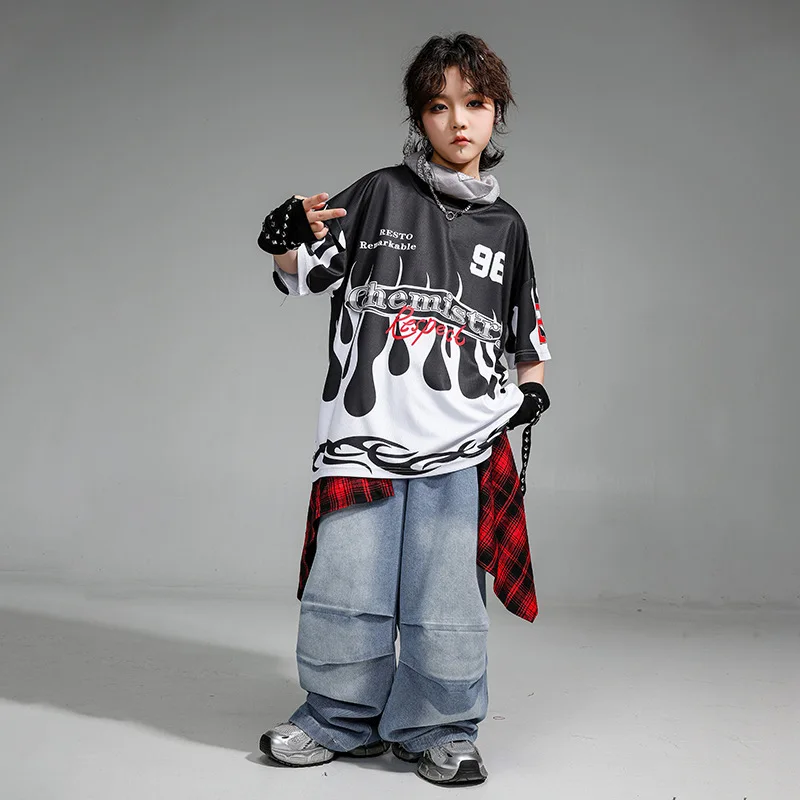 

Детская одежда в стиле хип-хоп, белая, черная футболка с пламенем, джинсовые синие повседневные джинсы с парашютом, мешковатые брюки для девочек и мальчиков, танцевальные костюмы, одежда